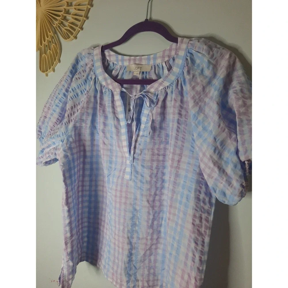 LOFT Gingham Puff Sleeve Blouse Blue Purple Pastel Plaid Top NWT Size M